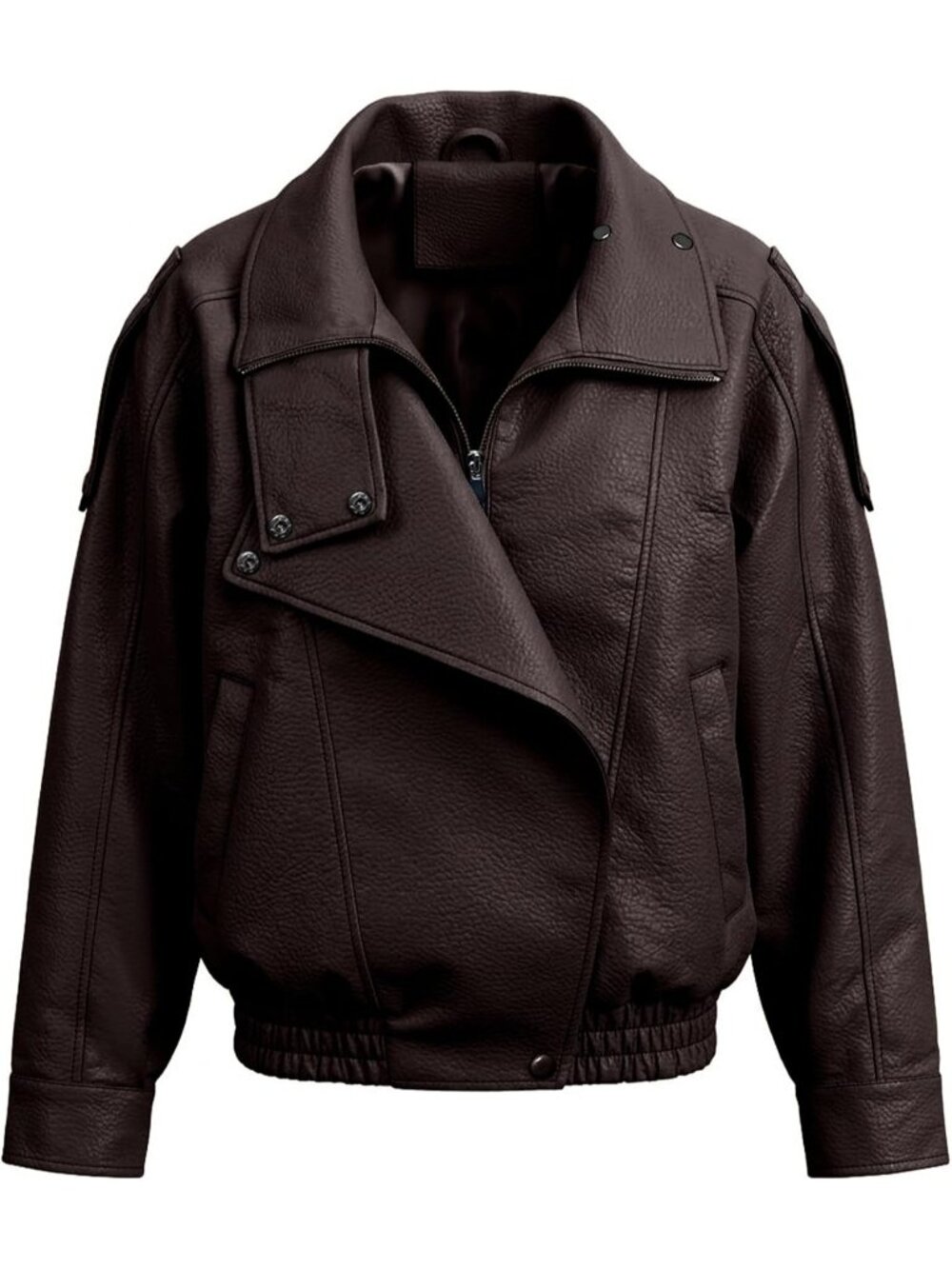 Women's Coffee Faux Leather Bomber Jacket Pebble Grain Texture Relaxed Oversized